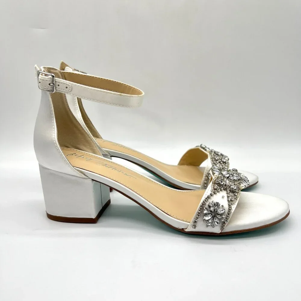 Betsey Johnson Size 8 Mel‎ Ivory White Satin Jeweled Heels Dress Sandals Shoes